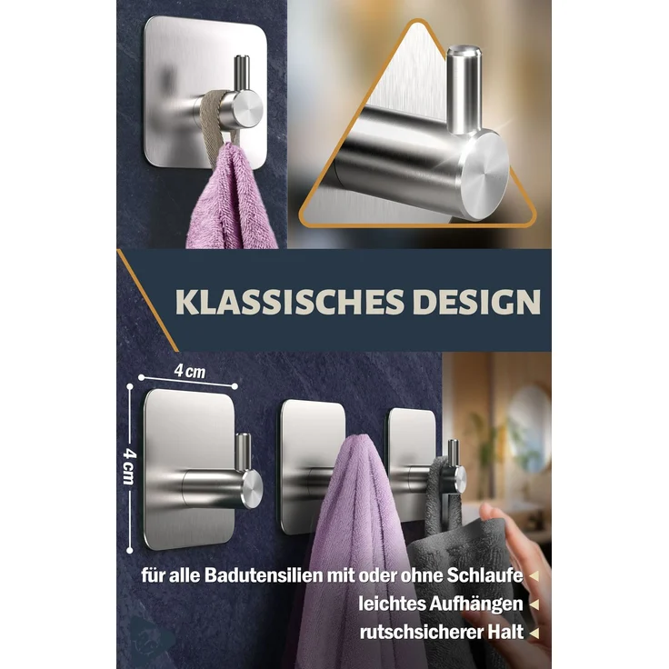 Lindenstein Handtuchhaken 6er-Set Silber – Edelstahl V2A, selbstklebend mit 3M-Pads – Bild 3