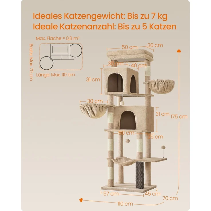 Feandrea Kratzbaum, 175 cm hoch, XL, mehrstöckiger Katzenbaum mit 2 Höhlen, 2 Liegemulden, 5 Kratzsäulen, Katzenbürste, große Plattform, Kamelbraun – Bild 5