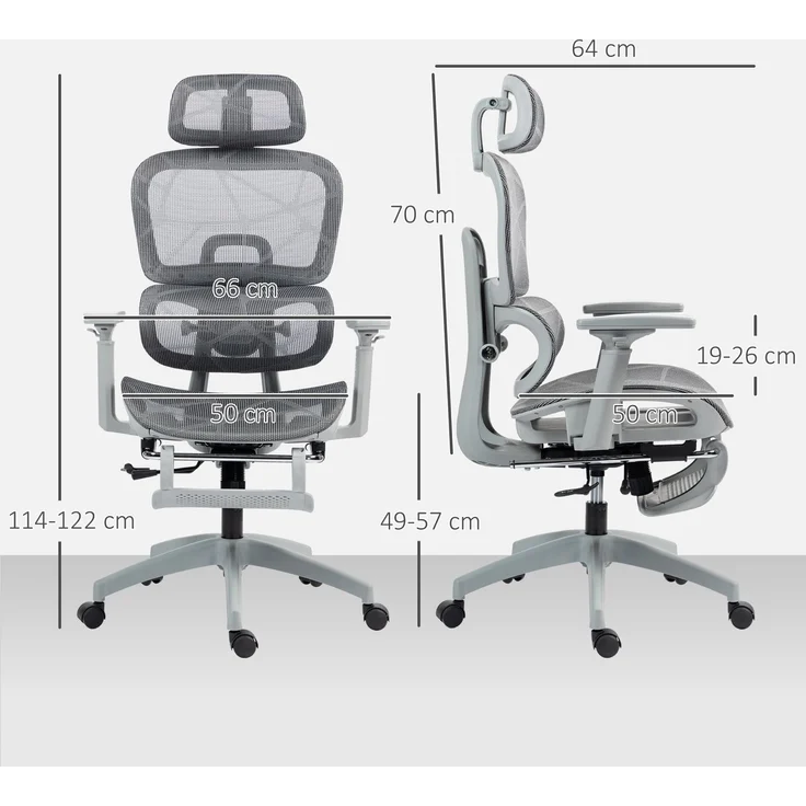 MELAYR, Bürostuhl, Ergonomischer Schreibtischstuhl mit Netzstoffbezug, verstellbar, rollbar, 66 x 64 x 122 cm, Grau – Bild 5