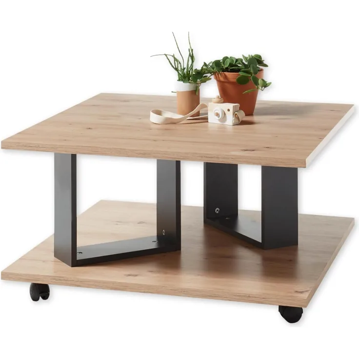 Stella Trading ZERA Couchtisch auf Rollen in Artisan Eiche Optik, Anthrazit - Mobiler Sofatisch für Ihr Wohnzimmer - 80 x 40 x 80 cm (B/H/T)