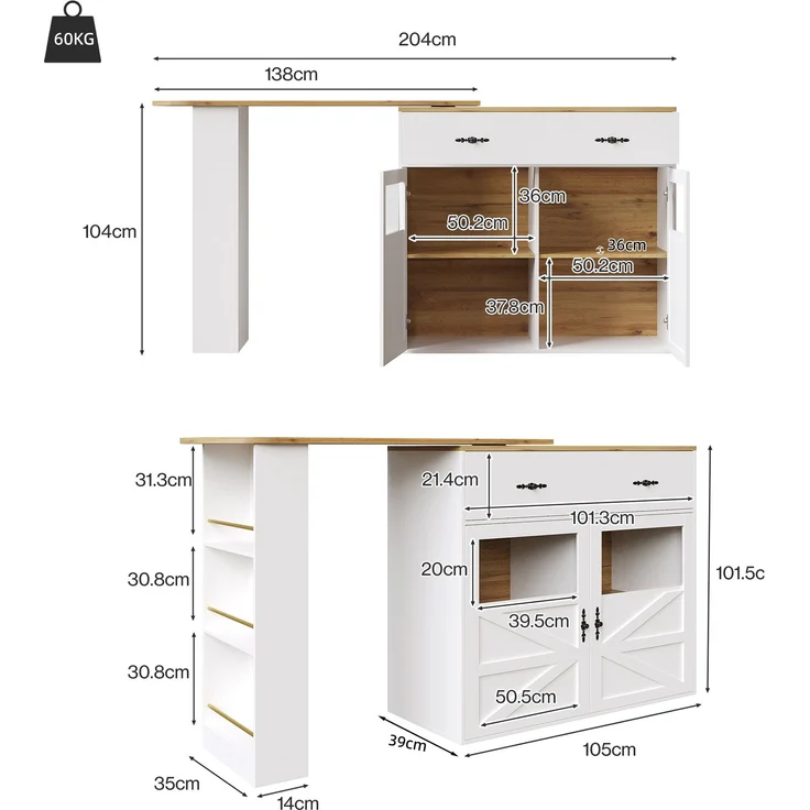 Ausziehbarer Bartisch mit Stauraum(138-204×39×104cm) , 360° drehbare Essbar,Moderner Beweglicher Bar Table,Hochtisch Kücheninsel Bistro Table, Sideboardschrank mit Regalen, weiß – Bild 7