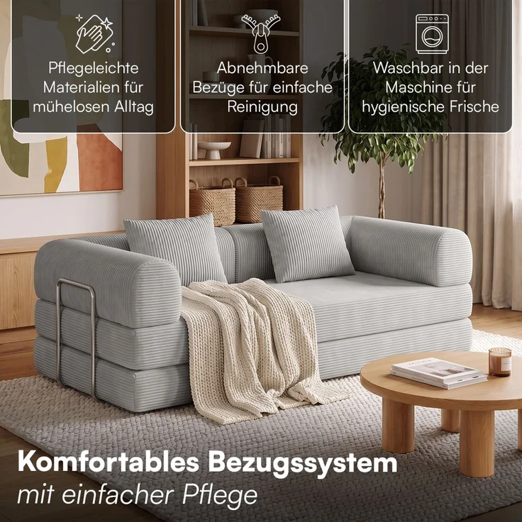 skølm 'Lofn' Modulares Sofa 2 Sitzer, 200x100 cm, Vollschaumcouch mit Metallgestell, Cord hellgrau, Schlafsofa vakuumverpackt, kein Aufbau erforderlich – Bild 7