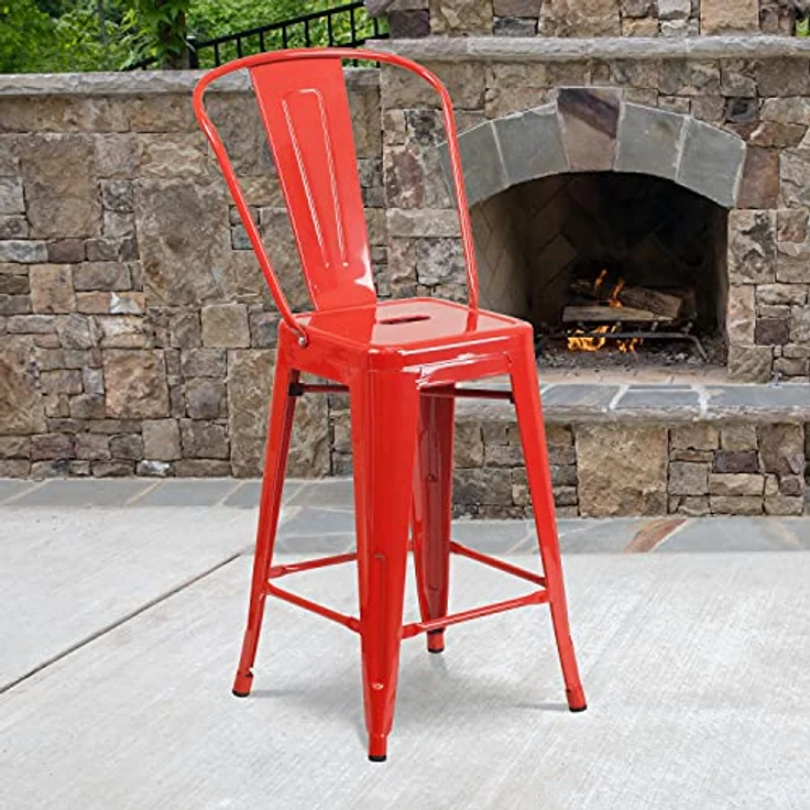 Flash Furniture Lily Hocker in handelsüblicher Qualität, 61 cm hoch, Metall, für drinnen und draußen, mit Abnehmbarer Rückenlehne, Rot, 4 Stück – Bild 3