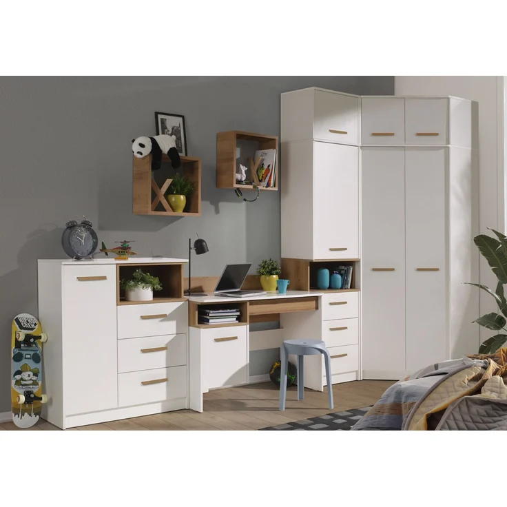 Marmex Möbel Grant Set-10 Komplettes Jugendzimmer-Set, 8-teilig, mit hohem Eckschrank, Kommode mit Schubladen, Kinderzimmermöbel mit Schreibtisch, laminierte Spanplatte, weiß+riviera Eiche, 341/91x235x55 cm – Bild 9