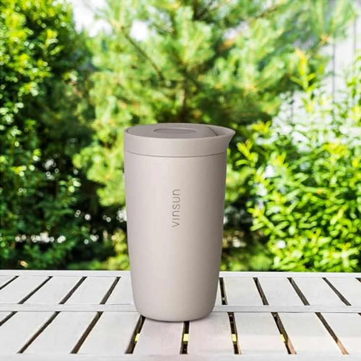 Vinsun Thermobecher Edelstahl Isolierbecher 350ml - Kaffeebecher to Go auslaufsicher, 2-tlg, Edelstahl, Doppelwandig, BPA frei, bruchfest, Einhandbedienung per Knopfdruck – Bild 9