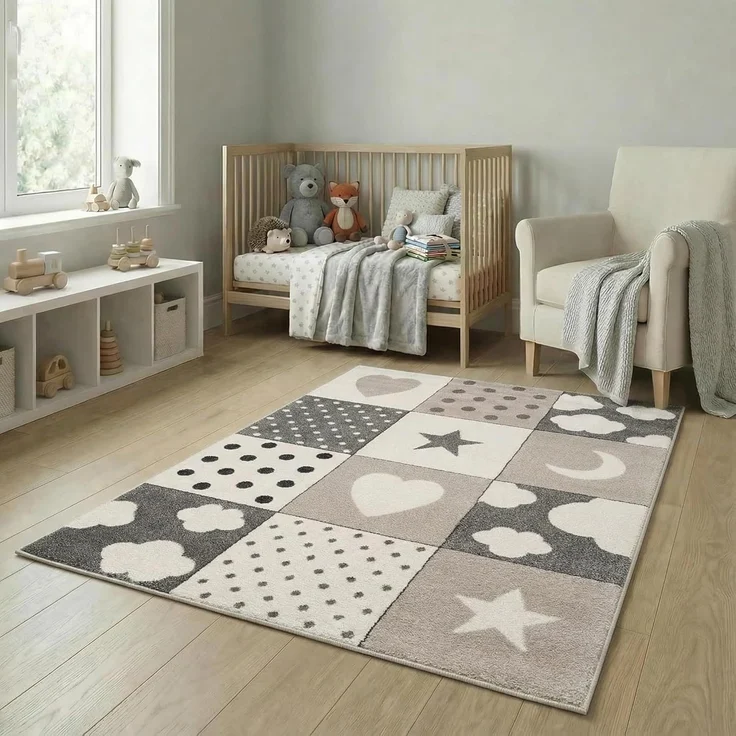 Kinderteppiche Patchwork Herz Sterne Wolke | Kinderteppich für Mädchen und Jungs | Teppich für Kinderzimmer | Farbe: Blau, Grau & Rosa | Kinderzimmerteppich , Grau , 160x230 cm – Bild 1
