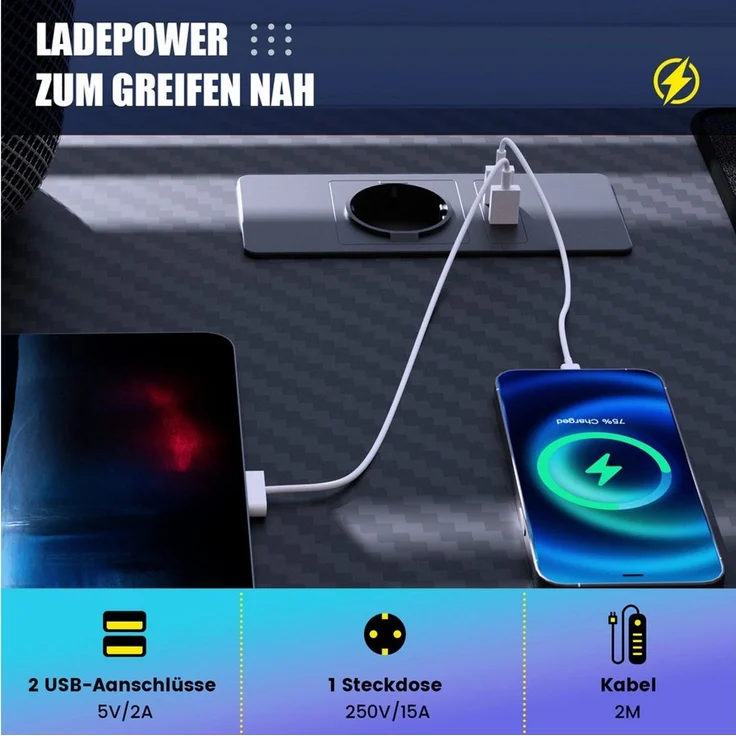 GTPLAYER Gamingtisch 120×60 Gaming Tisch mit Mauspad PC Tisch Kohlefaseroberfläche, Stabiler Computertisch mit Kopfhörerhaken, Schwarz – Bild 2