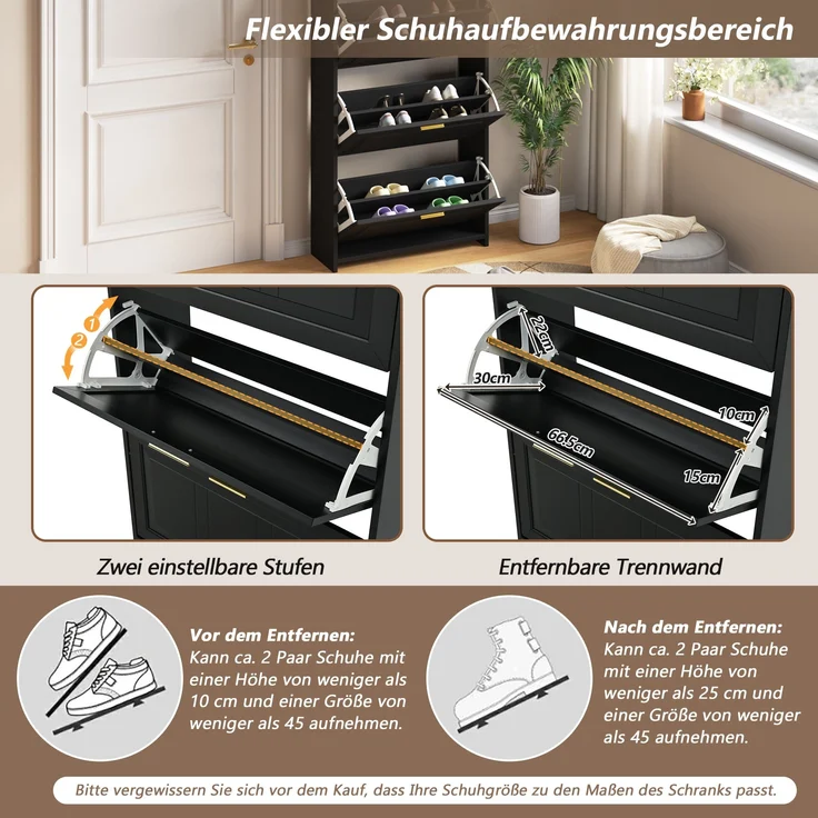 Schuhschrank 70x24x120 cm schwarz 2 Klapptüren 6 Fächer Ablagefläche – Bild 6
