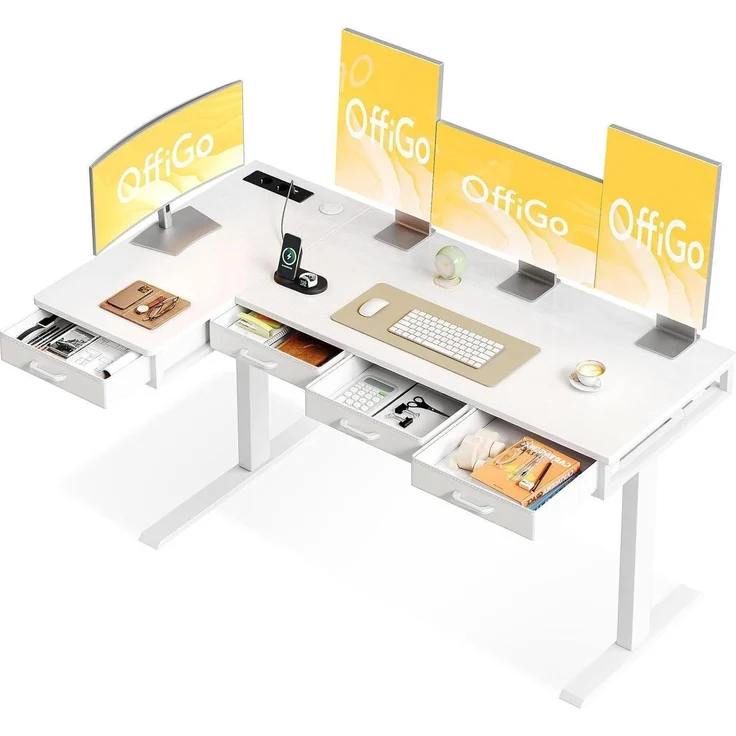 Eckschreibtisch Höhenverstellbar Elektrisch LForm 160 x 80 cm Weiß – Bild 1