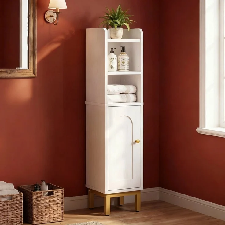 Halupeit Schmaler seitlicher Aufbewahrungsschrank für die Toilette, kleiner Badezimmerschrank, verstellbare Regalböden, platzsparender Bodenschrank, speziell für kleine Wohnungen entwickelt, einfach zu montieren, 20.5 x 20.5 x 83.5 cm, weiß und gold – Bild 1