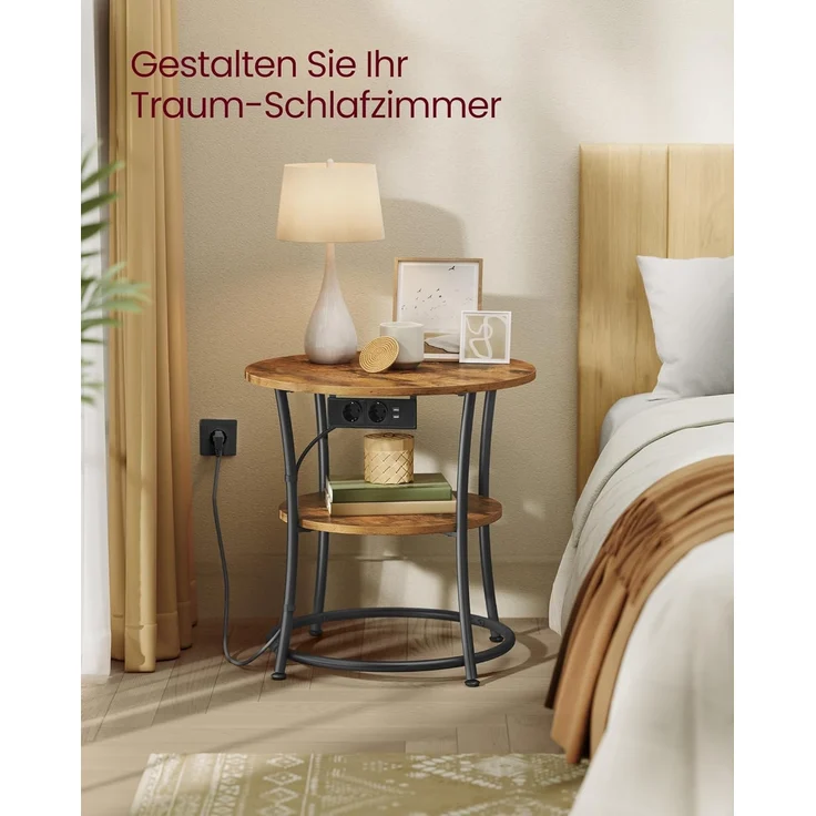 VASAGLE Beistelltisch rund, 2-stufiger Couchtisch mit Steckdosenleiste, Konsolentisch, Stahlrahmen, für kleine Räume, Wohnzimmer, Schlafzimmer, vintagebraun-tintenschwarz LET077KD01 – Bild 6