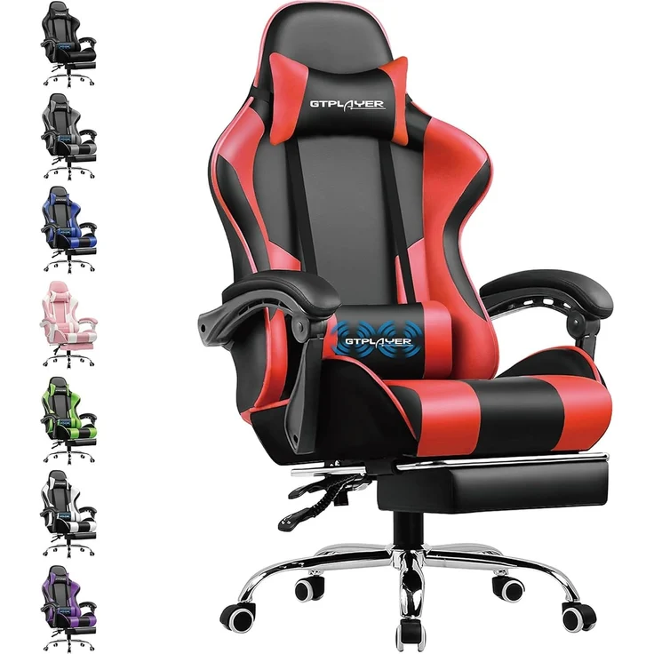 GTPLAYER Gaming Stuhl Bürostuhl Massage Gaming Sessel Ergonomischer Gamer Stuhl mit Fußstütze, Kopfstütze Massage-Lendenkissen, Gepolstert Gaming Chair, Drehsessel, rot