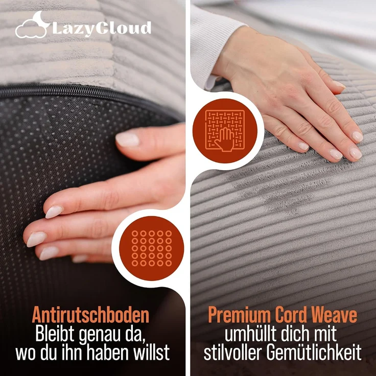Sitzsack für Erwachsene mit integrierter [Nackenstütze] Cord | XXL Indoor Bean Bag mit Füllung | perfekt als Chill-, Lese- oder Gaming Sessel (90 x 80 x 70 cm) (Sitzsack & Hocker Leichtgrau) – Bild 5