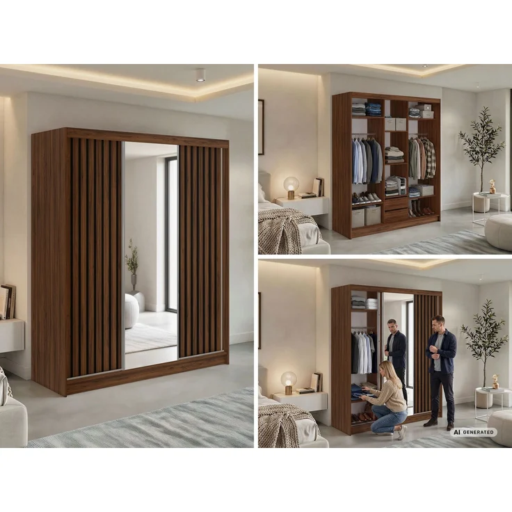 Kleiderschrank LAOS 180 cm Schiebetürenschrank Warmia-Nuss mit Akustikpaneel-Design (Lamellen) Schwarz & Spiegel, Inkl. Innenausstattung - mit Schubladen – Bild 2