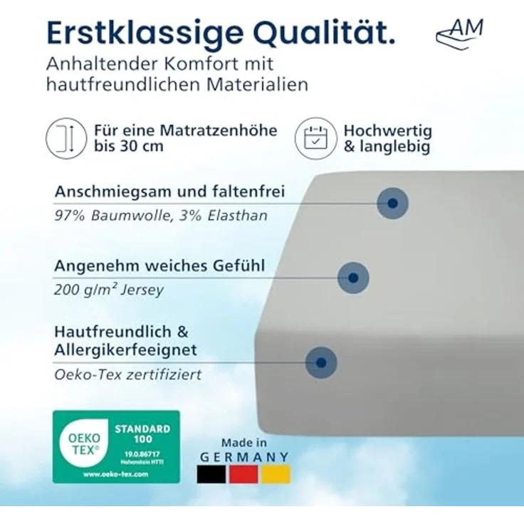 AM Qualitätsmatratzen Spannbettlaken Baumwolle in hellgrau, Bettlaken für Matratzen, Made in Germany, Baumwolle, Gummizug: rundum, (1 Stück), 90 x 200 x 30 – Bild 3