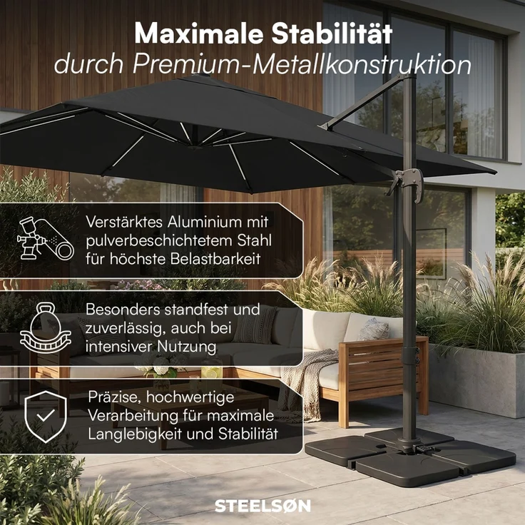 STEELSØN 'Elaris' Premium Sonnenschirm 300x300 cm quadratisch mit LED, neigbar und 360-Grad drehbar, schwarz, Ampelschirm inkl. Hülle, extrem robuste Metall-Stange, 220 g/m² Polyester, UV50+ – Bild 7