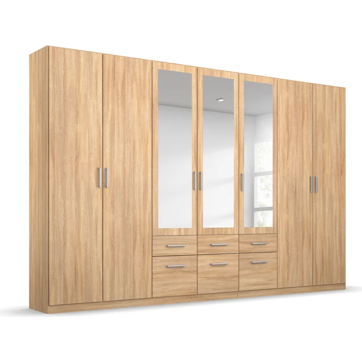 rauch Kleiderschrank, Drehtürenschrank BINGEN, 7-türig, 3 Spiegeltüren teilaufgelegt, 6 Schubkästen, Eiche Sonoma, 315 x 229 x 54 cm – Bild 3
