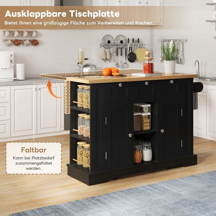 Kücheninsel mit ausziehbarer Arbeitsplatte & Rollen, 132x40/70x87 cm, Natur/Schwarz – Bild 6