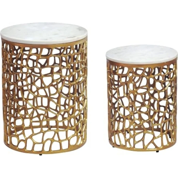 FINEBUY Satztisch FB117900 2er Set Couchtisch Gold Wohnzimmertisch Beistelltisch Marmor (Elegante Wohnzimmertische im schicken Zweierset), Weißer Naturstein kombiniert mit Metallgitter – Bild 1