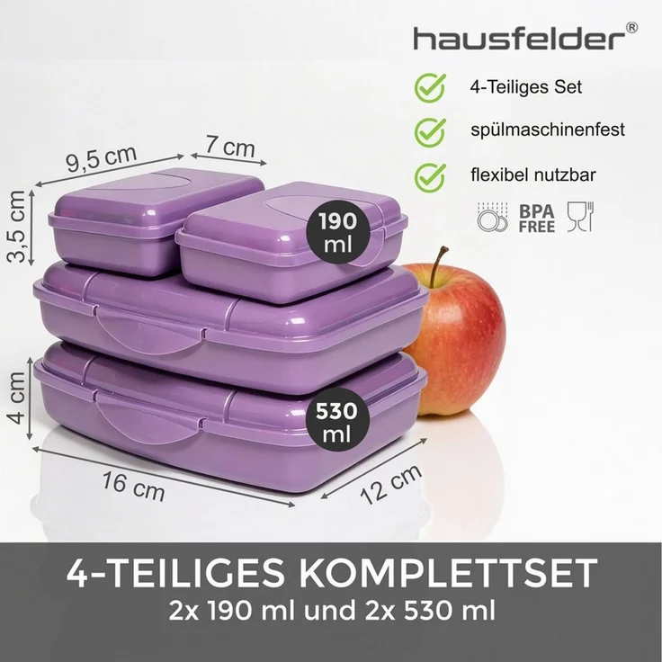 Hausfelder Lunchbox Brotdosen 4er Set flach violett, Kunststoff, (4er Set, 4-tlg, 2 große Brotdosen und 2 kleine Snackboxen), spülmaschinengeeignet, langlebig, bruchfest, BPA-frei – Bild 1