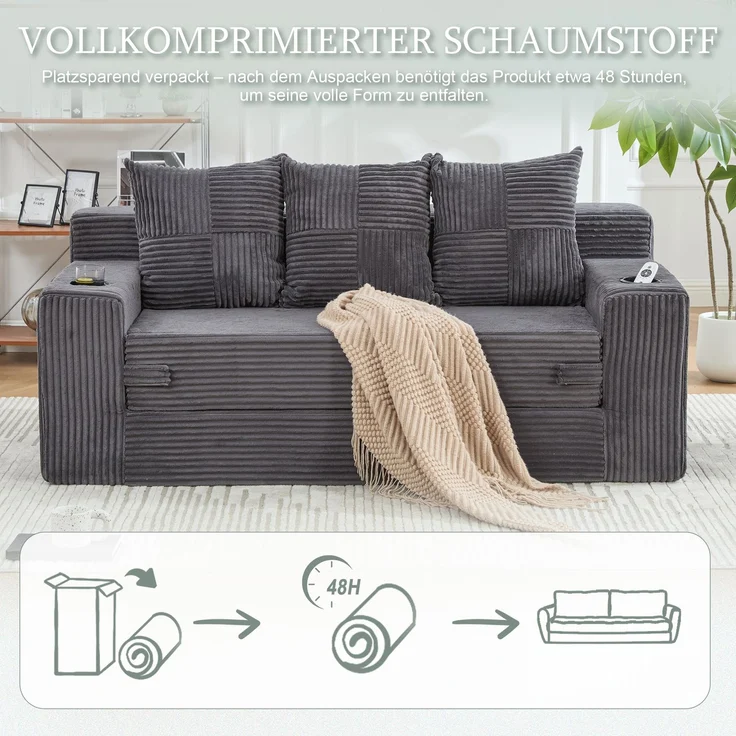 EINHOM Dreier-Sofa aus Baumwoll- und Leinenstoff, mit Getränkehalter und seitlichen Taschen, kann in drei Sitzplätze umgewandelt werden, rahmenloser Design mit gestrickten Kissen und Rückenlehne, großes Sitz – Bild 6
