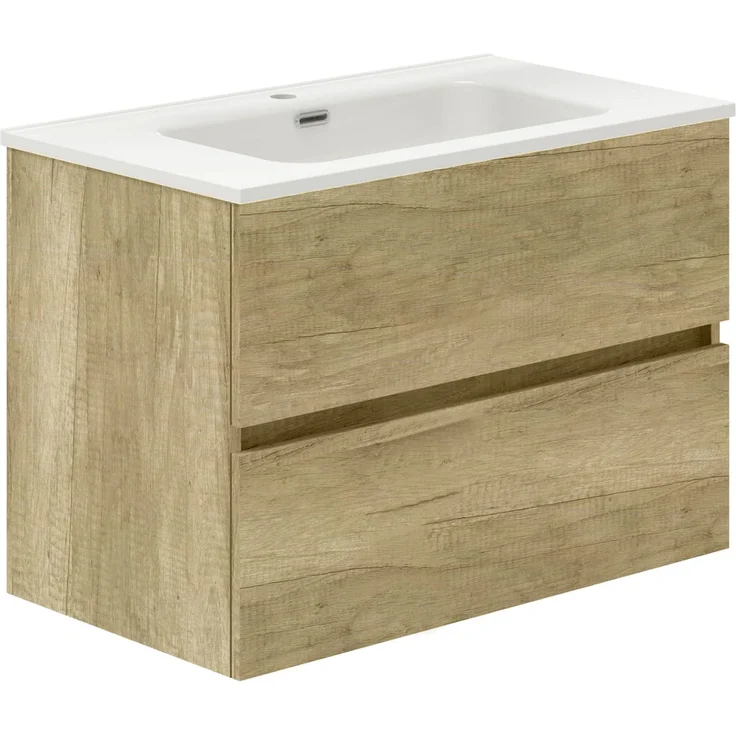 Baikal Badezimmerschrank, Zwei Schubladen, Wandmontage, mit Waschbecken, Melamin 16, montiert, Möbel 70 cm, Natur, ohne Spiegel – Bild 1