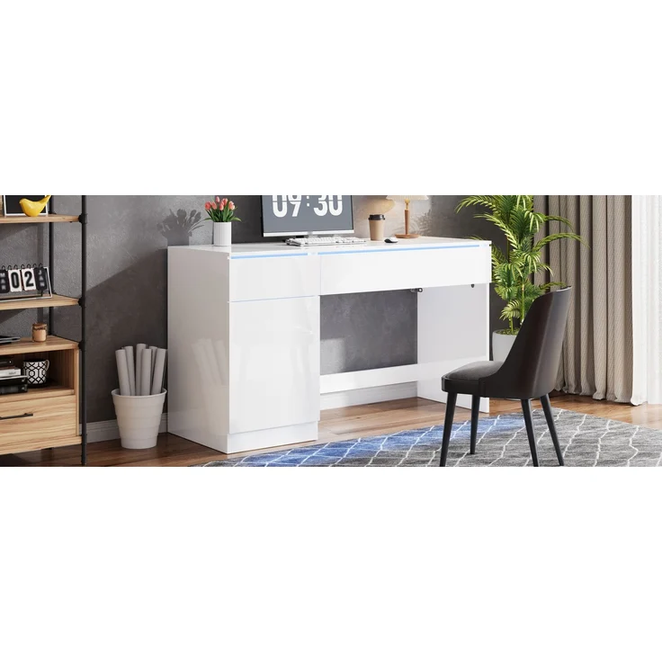 ZUBALIYA Hochglanz Schreibtisch 120 x 50 cm mit LED-Beleuchtung, 2 Schubladen & 1 Tür, großer Computertisch und Schminktisch, Moderner Arbeitsplatz für Homeoffice und Schlafzimmer – Bild 20
