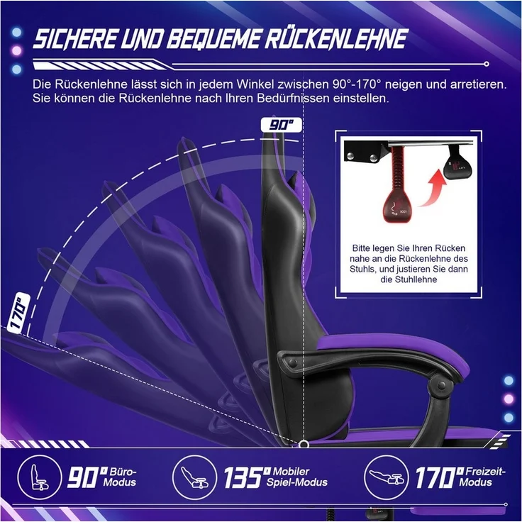 Hiazurm Gaming-Stuhl Gaming Stuhl, Bürostuhl Ergonomisch, Gaming Chair (Ergonomischer Gamer Stuhl mit Wippfunktion, bis 150 kg Belastbarkeit), Gaming Stuhl Bürostuhl mit Verstellbare Armlehnen, Kopfstütze – Bild 2