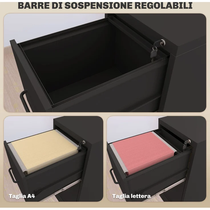 Minimalistischer Aktenordner mit 3 Schubladen und verstellbarer Leiste, aus Stahl, 36,5 x 46,2 x 99 cm, schwarz – Bild 6