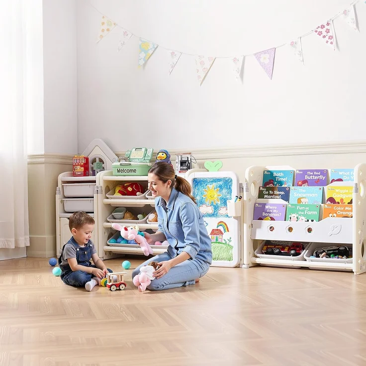 VEVOR Spielzeugaufbewahrung Bücherregal Spielzeugregal HDPE, 4-stöckige multifunktionale Ablage mit 10 flexiblen Kunststoffbehältern & Zeichenbrett, für Schlafzimmer Klassenzimmer (Grau + Beige) – Bild 2