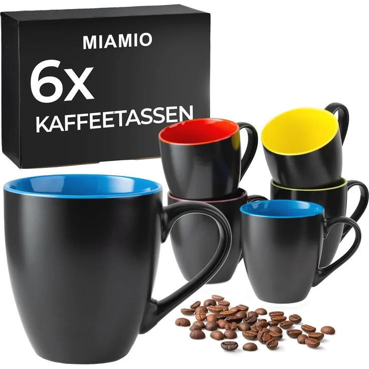 MiaMio Tasse MIAMIO - 6 x 350 ml Kaffeetassen Set Außen Schwarz Innen Farbig – Bild 1