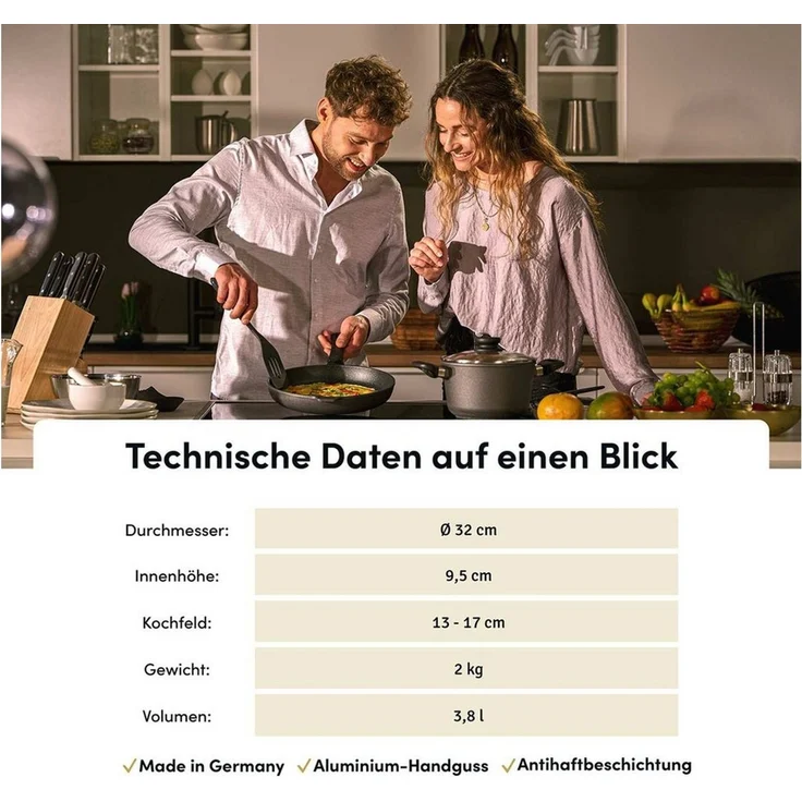 Hoffmann Germany Wok Wokpfanne Aluguss Induktion Ø 32 cm mit Glasdeckel – Made in Germany, Aluguss (Set, 2-tlg, 1x Wok Ø 32 cm + 1x Glasdeckel), abnehmbarer Griff, Antihaft, backofenfest bis 240°C, Induktion – Bild 3