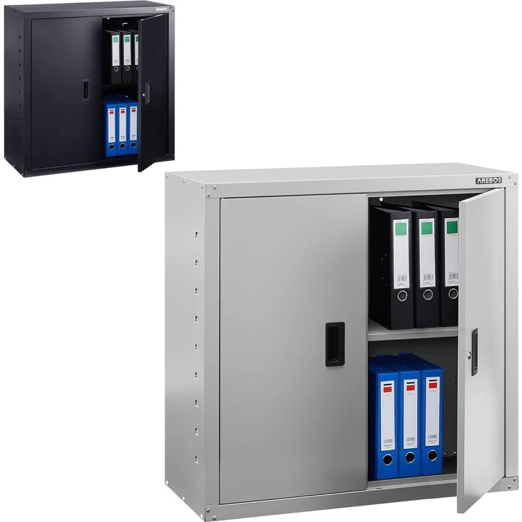 Arebos Aktenschrank Büroschrank Lagerschrank Materialschrank Stahlschrank | 4 Höhenverstellbare Einlegeböden | 180 x 90 x 40 cm | Rollen-Set grau