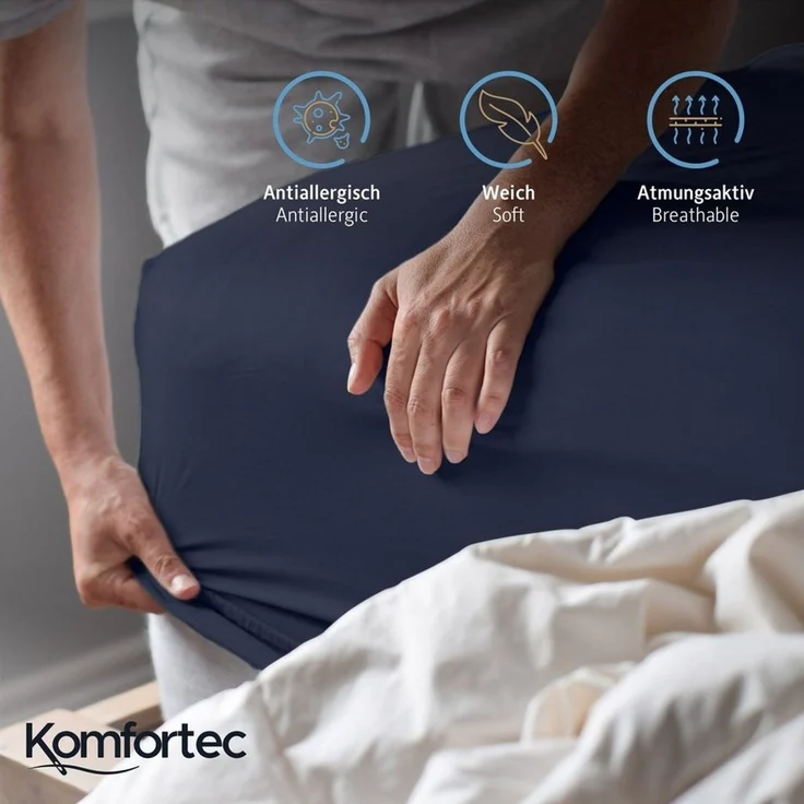 Komfortec Spannbettlaken Jersey 100% Baumwolle – 90x200 cm – 135g/m² – Weich, Atmungsaktiv & Hautfreundlich – Mit Rundumgummi – Oeko-Tex Zertifiziert – Für Boxspring, Topper & Matratzen – Blau – Bild 2
