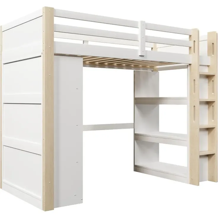Hochbett mit RGB LED-Streifen, Lattenrost, Kleiderschrank, Trittleiter, Regal und Rausfallschutz, 140x200 cm, Kinderbett, Kiefer – Bild 8