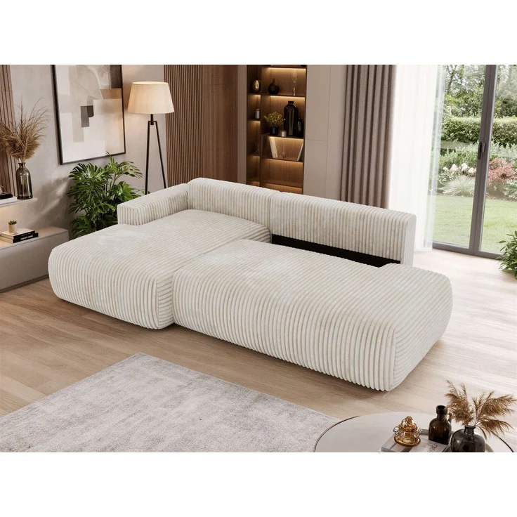 Ecksofa TAREN L mit Schlaffunktion, Bettkasten, DL-Mechanismus, Wellenfederung und freistehendem, Sofa mit Stauraum - Beige Cord - Links – Bild 7