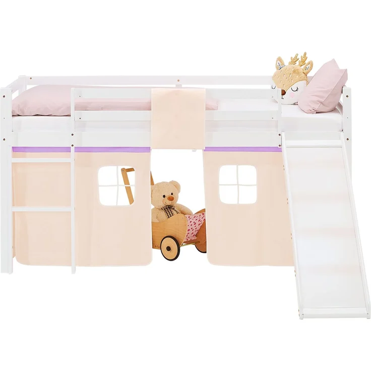 Hochbett Kinder 90x200 cm mit Rutsche Kinderbett Kinderhochbett Stockbett Vorhang Lila Peach Leiter Holz Massiv – Bild 4