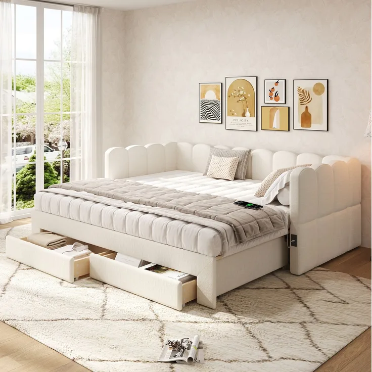 CHICFURN Ausziehbett 90/180x190 cm aus Leinen Beige mit 2 Schubladen und USB- und Type-C-Anschlüssen