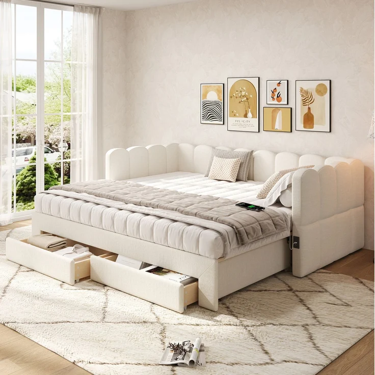 CHICFURN Ausziehbett 90/180x190 cm aus Leinen Beige mit 2 Schubladen und USB- und Type-C-Anschlüssen – Bild 1