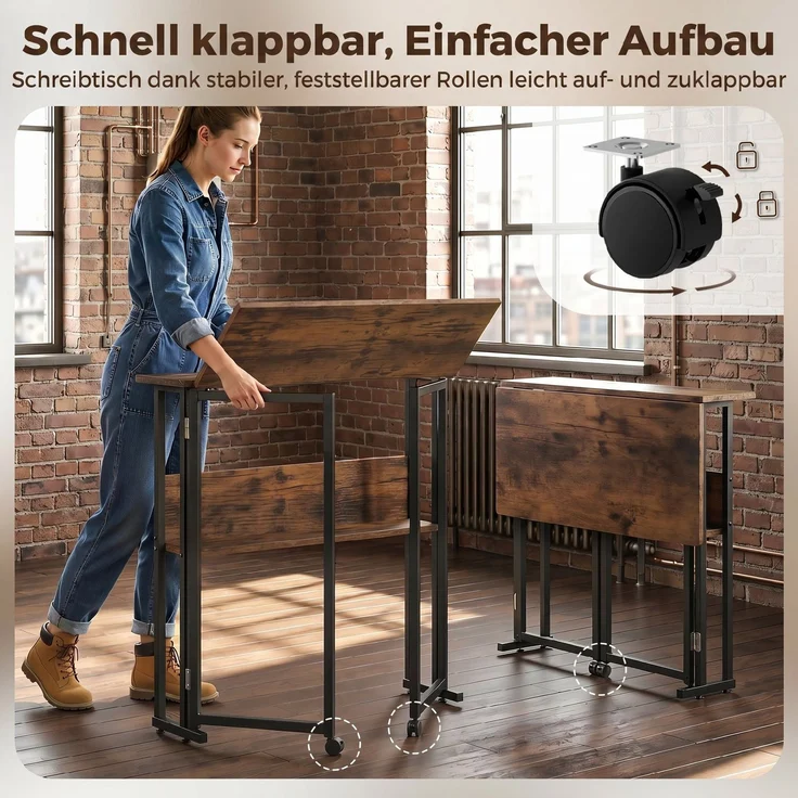 Klappbarer Schreibtisch mit Ablagefach, 80 cm Klapptisch für kleine Räume, Büro, Rustikales Braun--Rustikal-Braun--75x58x80cm--YOUDENOVA – Bild 8