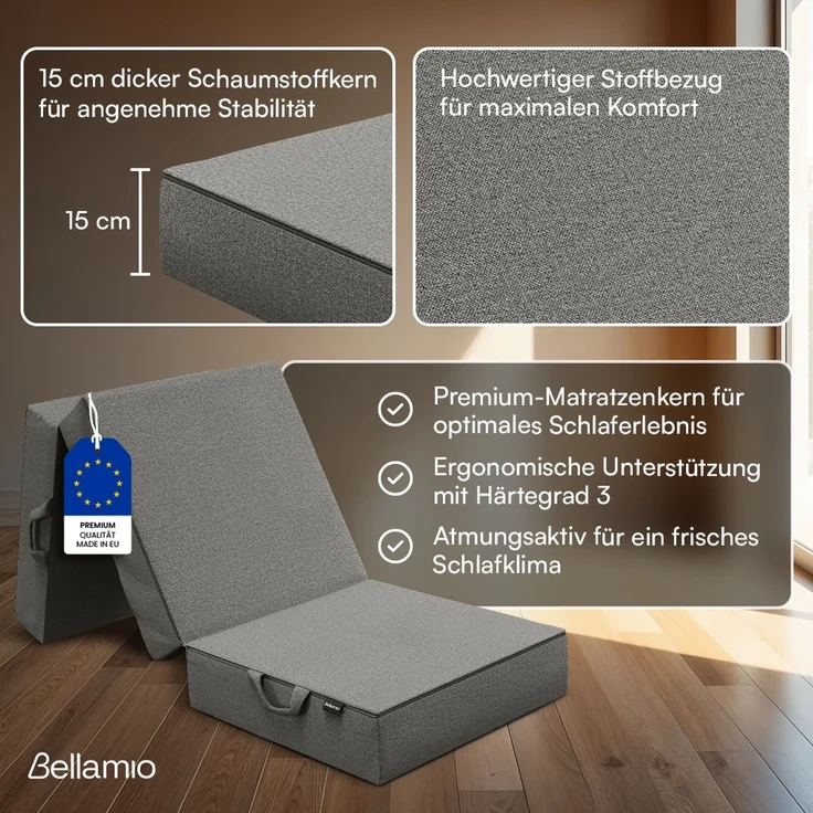 Bellamio 'Lomme' Klappmatratze 75x195 cm, 3-fach faltbar, Höhe 15 cm, Härtegrad H3, Gästematratze mit Tragegriffen, dunkelgrau, abnehmbarer Bezug – Bild 2