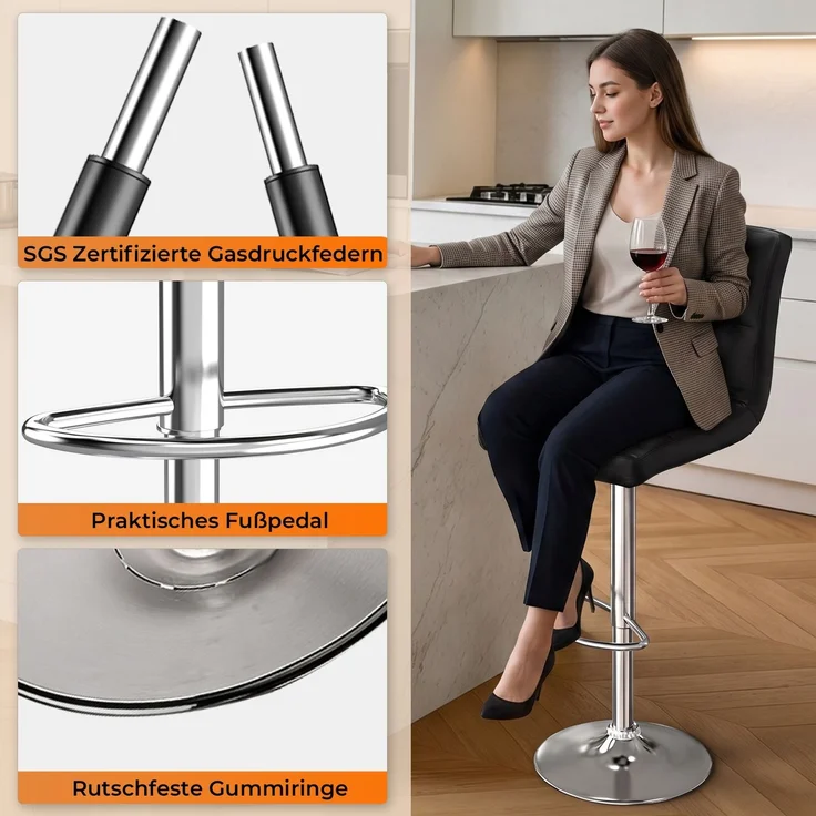 Botifly 2er Set Barhocker Schwarz Kunstleder Höhenverstellbar 60-80cm 360° Drehbar mit Fußstütze, SGS Zertifiziert für Küche Bar – Bild 4