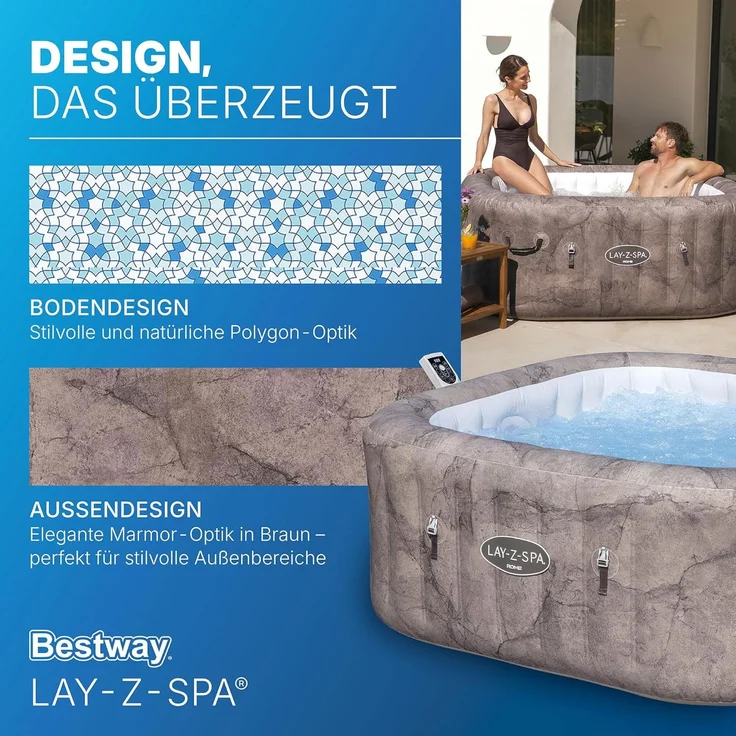 Bestway 6001K LAY-Z-SPA Whirlpool Rome Energiespar AirJet mit App-Steuerung, für 6 Personen, 180 x 180 x 71 cm, Marmor-Optik (Braun) – Bild 8
