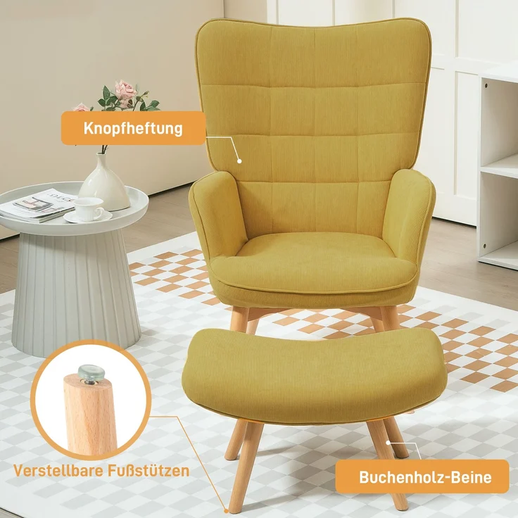 Akzentsessel mit Hocker, Relaxsessel in Cord-Optik, Armlehnstuhl mit Holzbeinen, für Wohnzimmer, Orange--Orange--72x80x101cm--YOUDENOVA – Bild 7