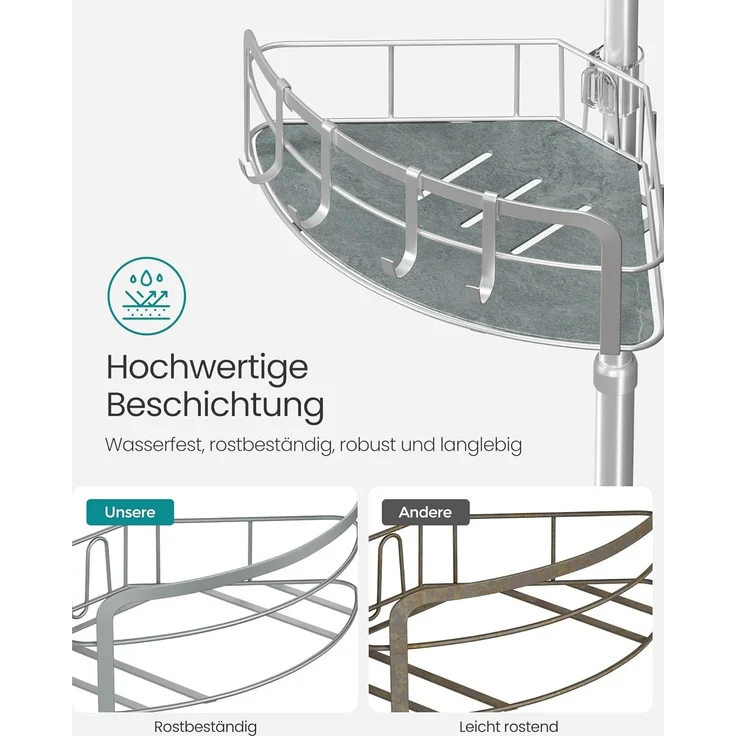 Songmics Duschregal, Badregal, Duschablage ohne Bohren, Gesamthöhe 80-323 cm, mit 4 Ebenen, Regal höhenverstellbar, für Badezimmer, taubengrau BCBDE003E01 – Bild 5