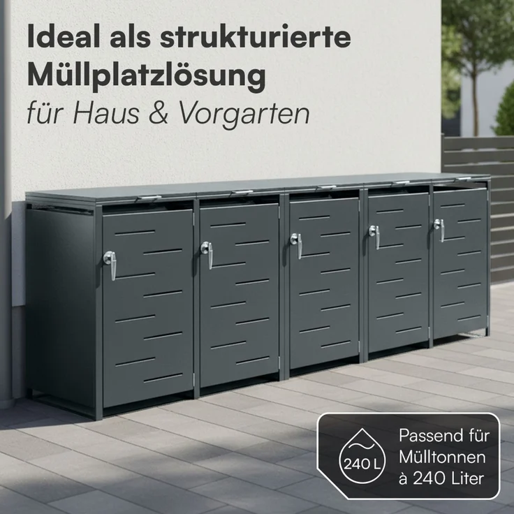 STEELSØN 'Diorus' Mülltonnenbox 5er je 240 Liter, anthrazit, Mülltonnenverkleidung aus Stahl mit Sichtstreifen, wetterfest, 116x80x337 cm, abschließbare Müllbox für 5 Tonnen – Bild 2