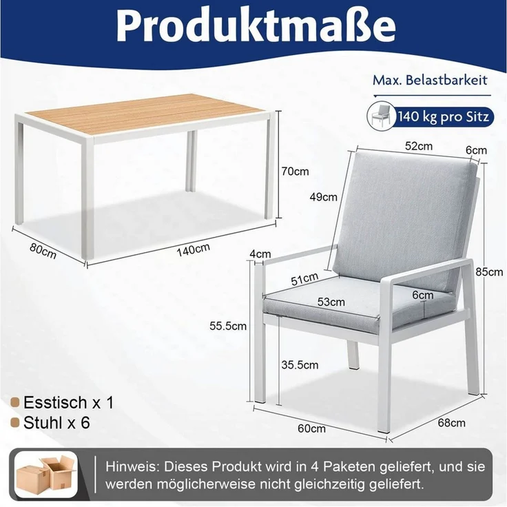 MeXo Gartenlounge-Set Gartenmöbel Set Aluminium Outdoor, (Garten-Essgruppe für 6 Personen, 7-tlg, mit Polywood Tisch & Auflagen), wetterfest für Terrasse & Garten – Bild 2