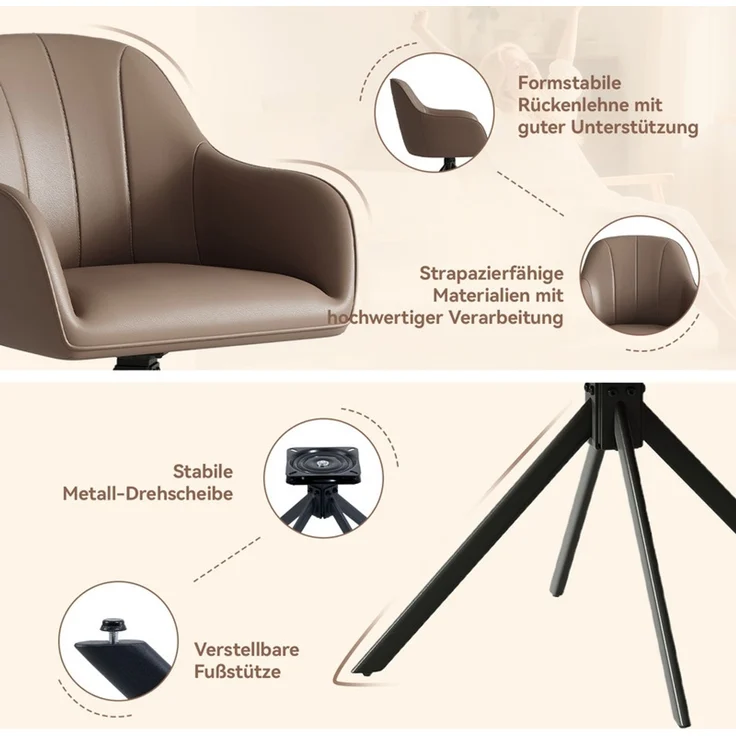 Hawthyhome 4-Fußstuhl Esszimmerstuhl drehbar mit Armlehne, 360° Drehfunktion, ergonomische Sitzschale, Kunstlederbezug, stabiles schwarzes Metallgestell, moderner Küchenstuhl für Esszimmer, Wohnzimmer, Büro & Homeoffice, Braun – Bild 5