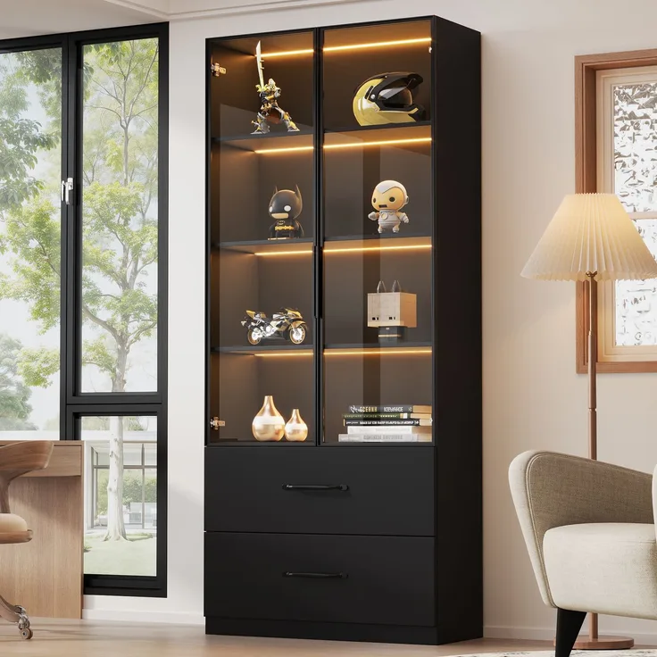 ZUBALIYA LED-Vitrine 60×40×160 cm - Glasvitrine, Bücherregal und Multifunktionsschrank mit Beleuchtung und Schubladen, mit Aluminiumrahmen, Hartglastüren und sanft schließenden Scharnieren, mehrfarbige LED