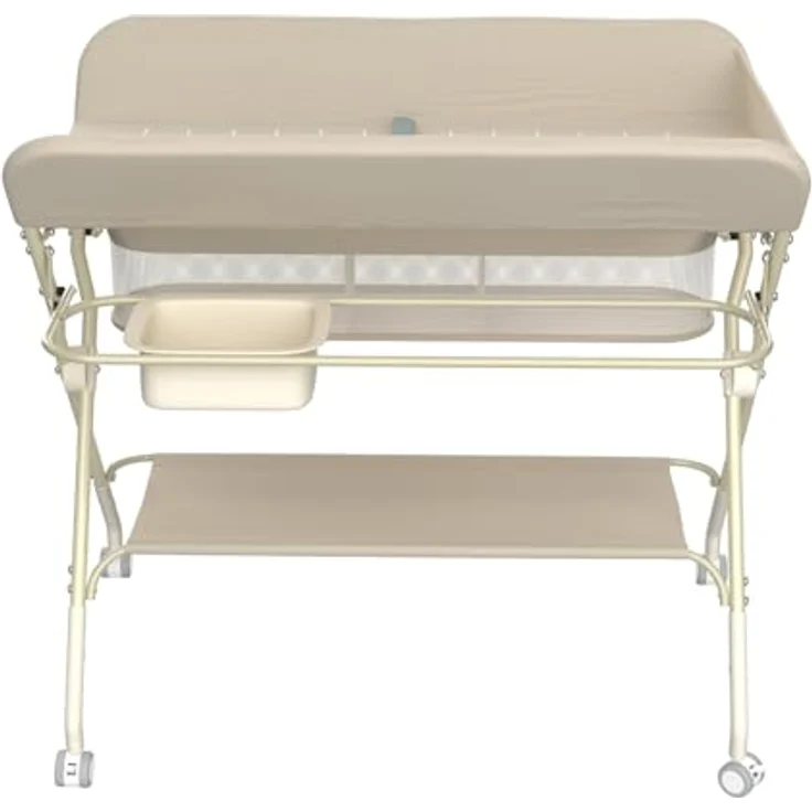 Wickeltisch, zusammenklappbar, mit Aufbewahrungskorb, Struktur aus Eisen, max. Belastung 25 kg, für Neugeborene, ergonomisches Design, Wickeltisch, 75 x 68 x 83–91 cm (A) Cremeweiß – Bild 8